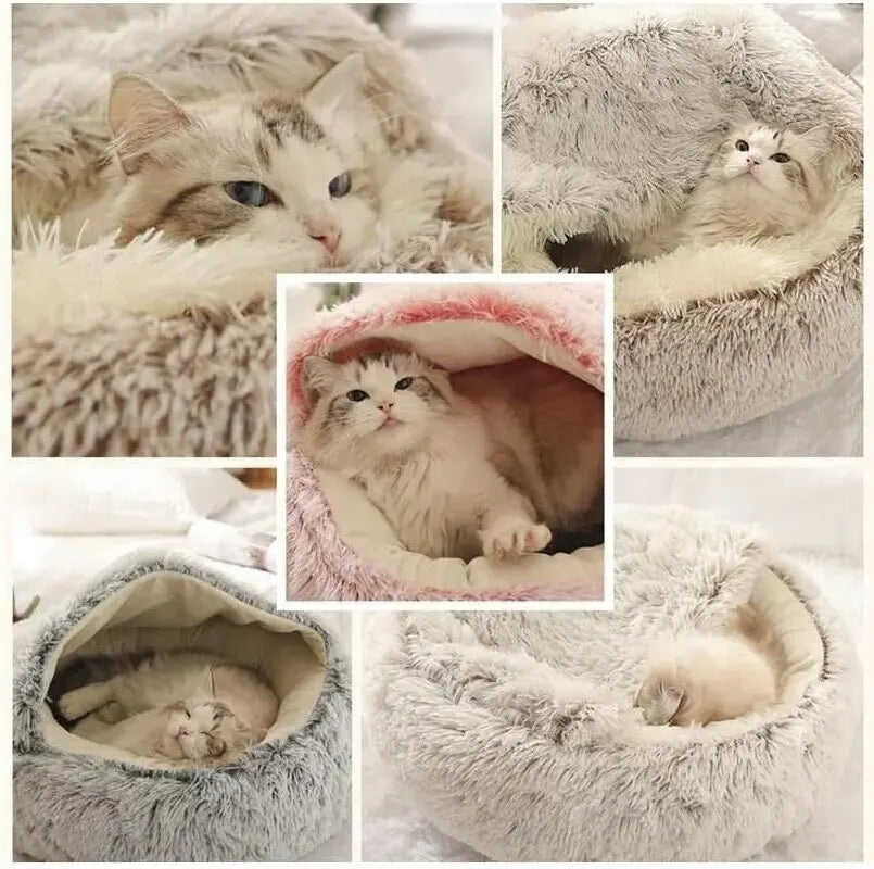 Plush Hooded Pet Bed – Fluffy 2-in-1 Cave for Cats & Small Dogs