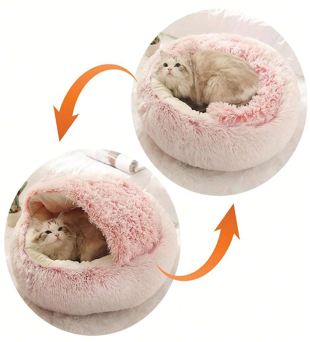 Plush Hooded Pet Bed – Fluffy 2-in-1 Cave for Cats & Small Dogs