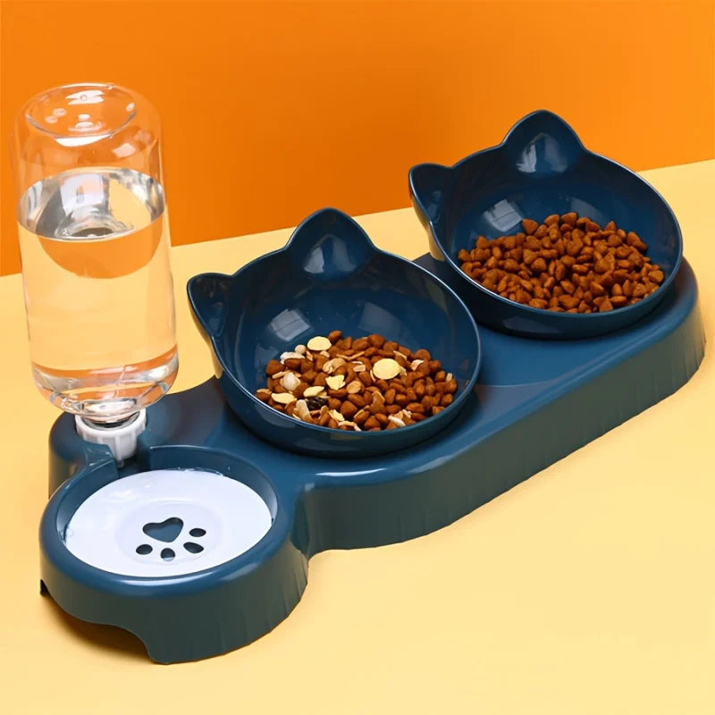 3-in-1 Tilted Pet Bowl – Cat & Dog Food and Water Feeder